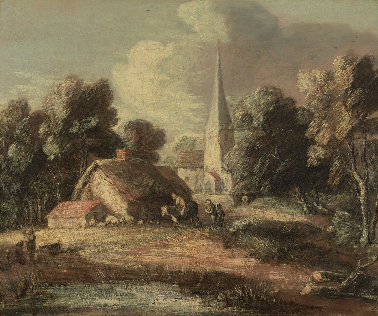 Landskab med sommerhus og kirke af Thomas Gainsborough