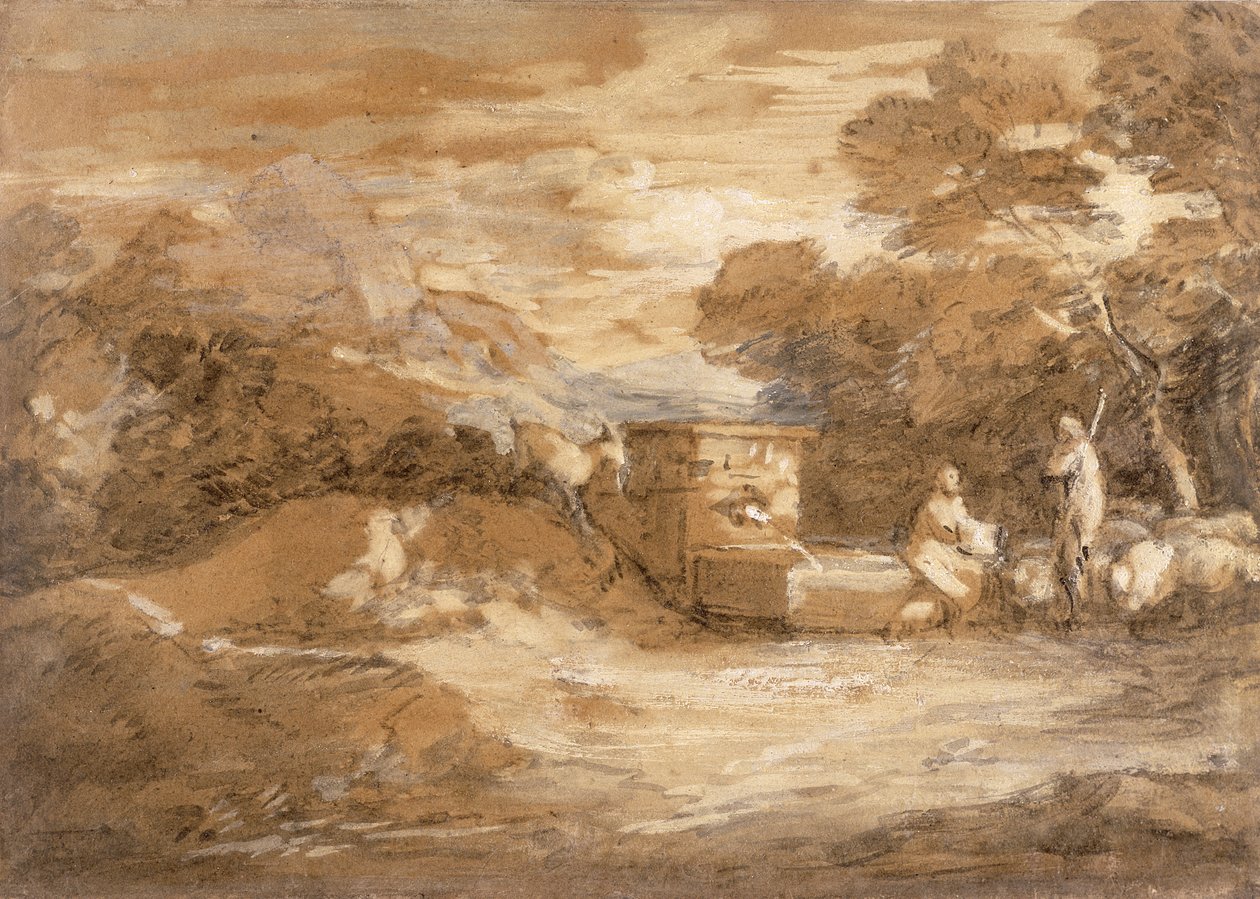 Bjerglandskab med figurer, får og springvand, ca. 1785-88 (grå vask, olie og sort kridt på lagt papir) af Thomas Gainsborough