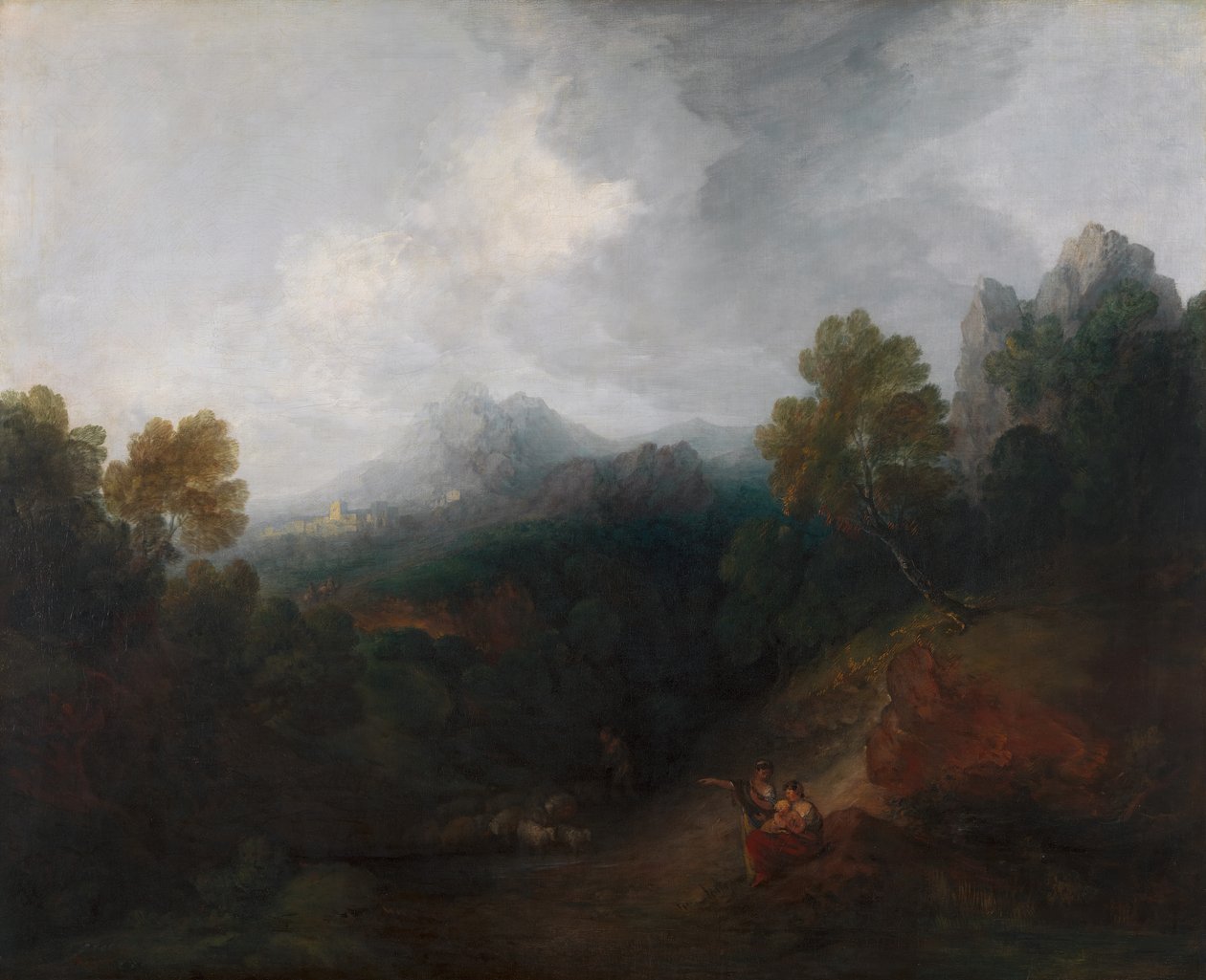 Bjergdal med figurer og fjern landsby, mellem 1773 og 1777. af Thomas Gainsborough