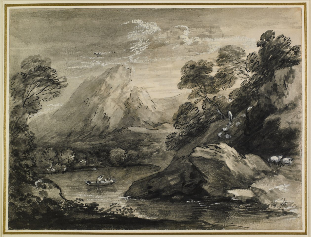 Bjerglandskab med en båd på en sø, 1777-80 af Thomas Gainsborough