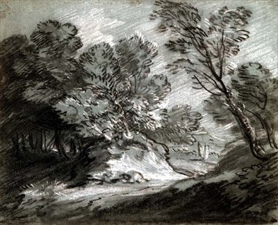 No.0975 Skovklædt landskab med et fjernt bjerg (kridt på blåt papir) af Thomas Gainsborough