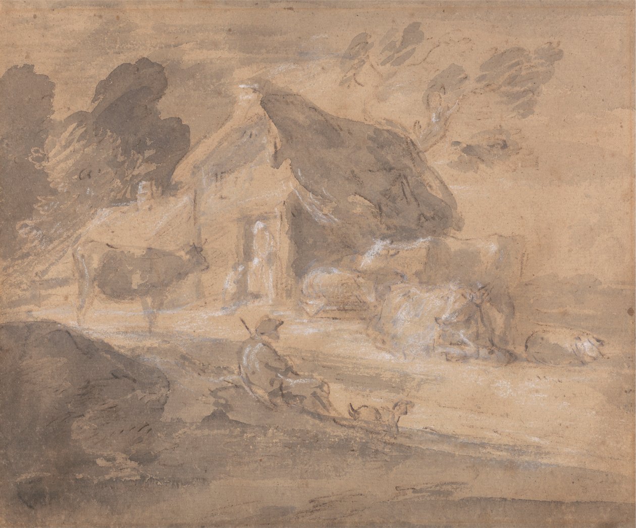 Åbent landskab med figurer, køer og sommerhus af Thomas Gainsborough