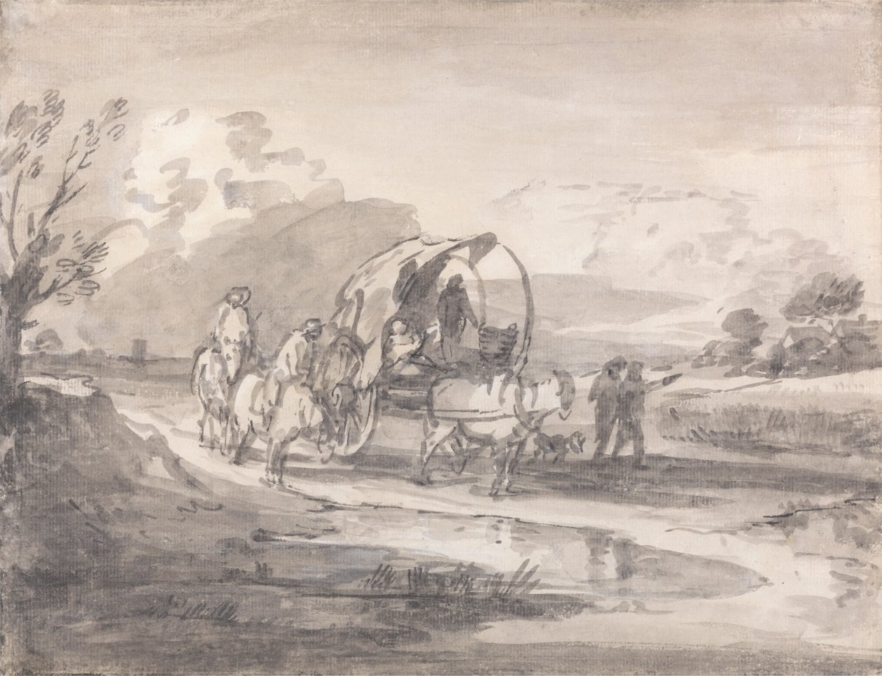 Åbent landskab med ryttere og overdækket vogn af Thomas Gainsborough