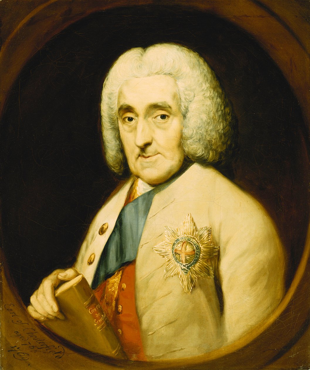 Portræt af Lord Chesterfield, bustelængde, iført strømpebåndsordenen, holder en bog, i en malet oval, 1769 af Thomas Gainsborough