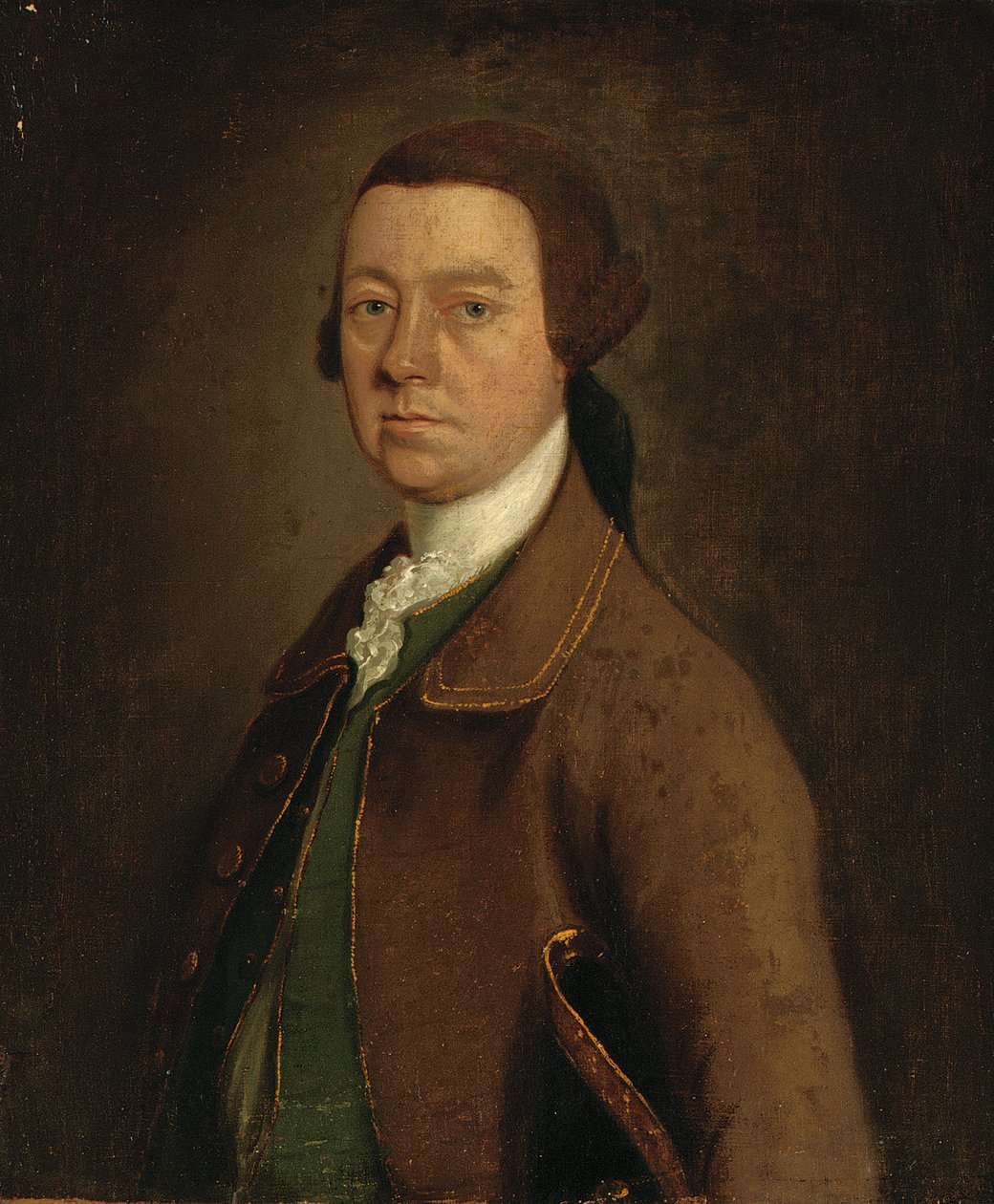 Portræt af Sir Francis Skipwith, halvlang, i brun frakke og grøn vest med hat under venstre arm af Thomas Gainsborough