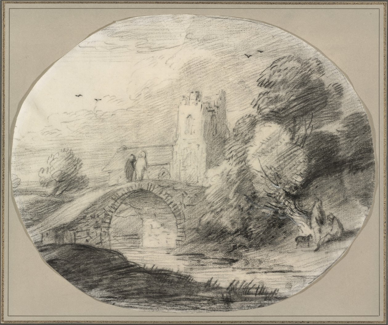 Flodlandskab med en bro og en kirke af Thomas Gainsborough