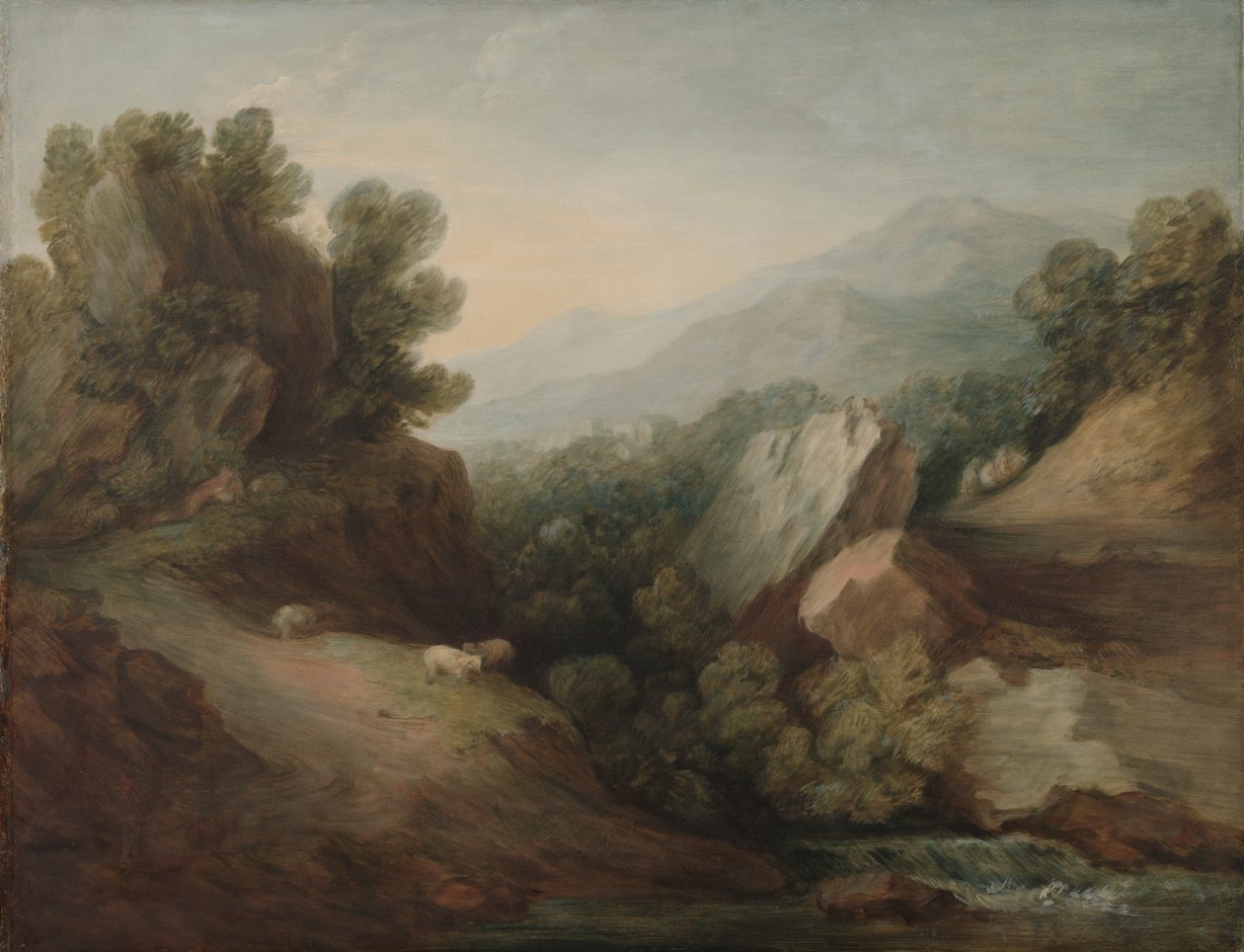 Klippefyldt, skovklædt landskab med en Dell og Weir af Thomas Gainsborough