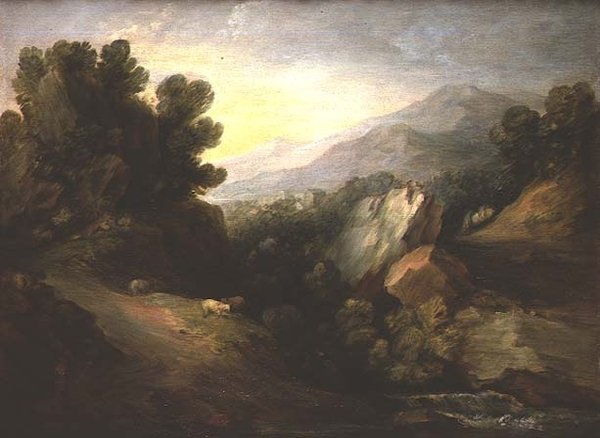 Klippefyldt skovlandskab med får ved et vandfald af Thomas Gainsborough