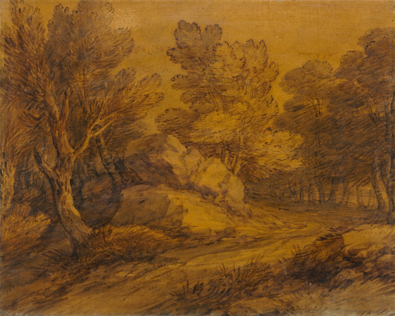 Scene med en vej, der snor sig gennem en skov, ca. 1770. af Thomas Gainsborough