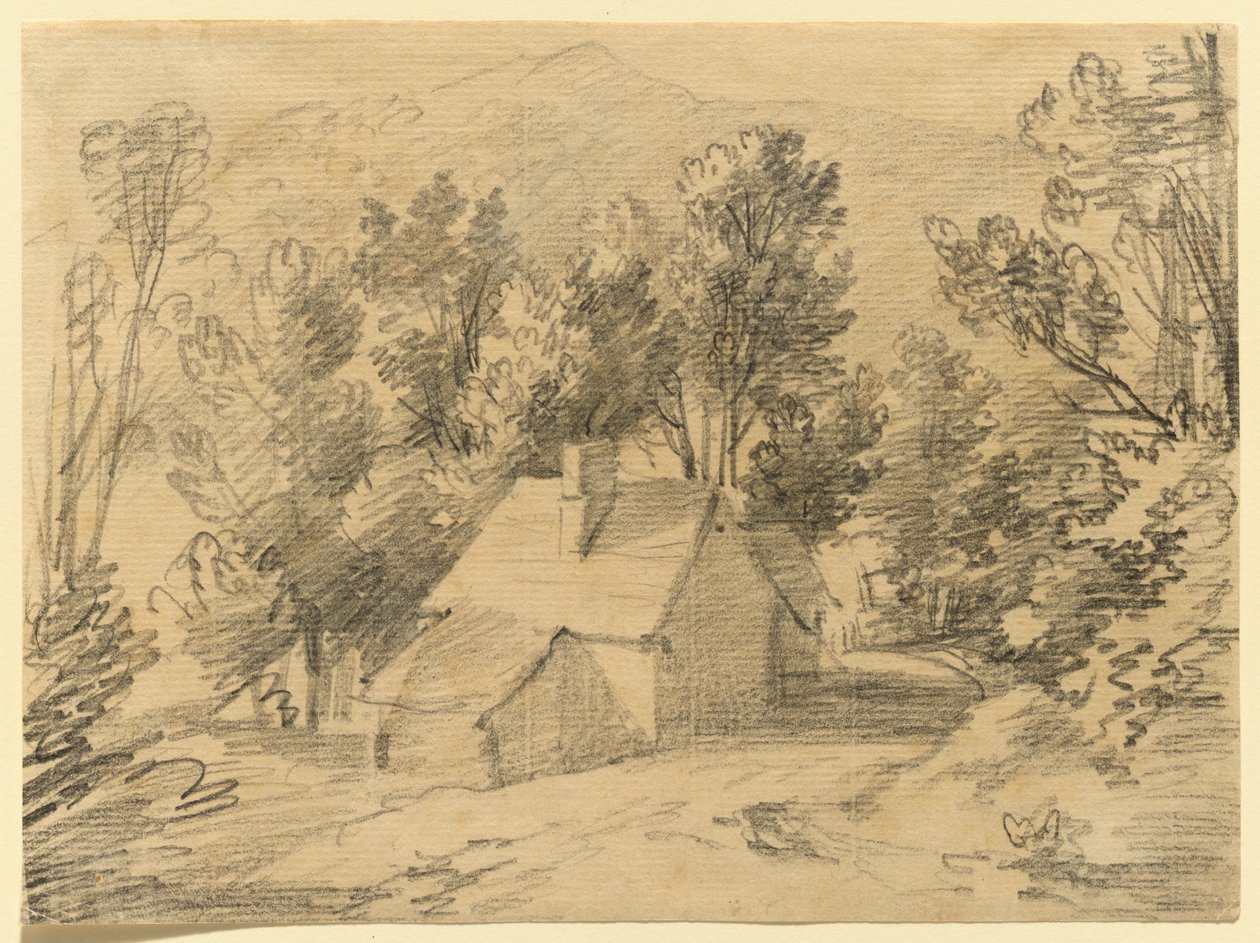 Studie af et hus og et skur i en skovklædt dal af Thomas Gainsborough