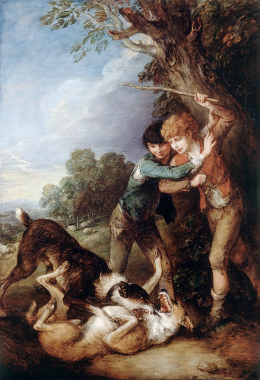 To hyrdedrenge med hunde, der kæmper (olie på lærred) af Thomas Gainsborough