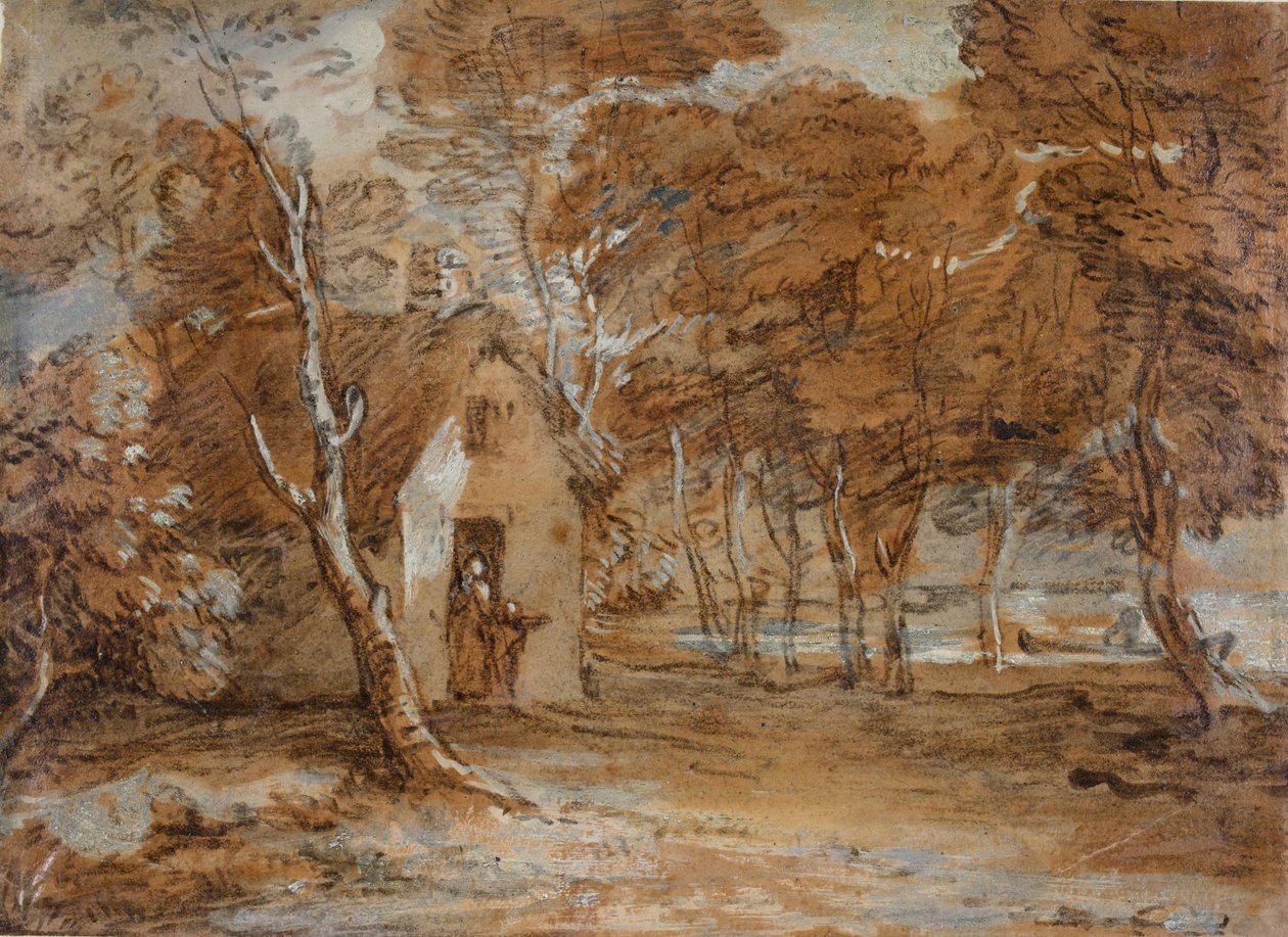 Skovklædt landskab, sommerhus, figurer og båd på søen, 1783-1785. af Thomas Gainsborough