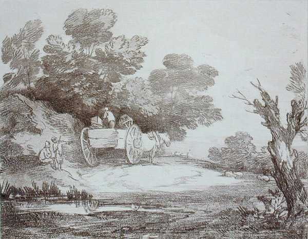Skovlandskab, landvogn og figurer (kobberstik) af Thomas Gainsborough