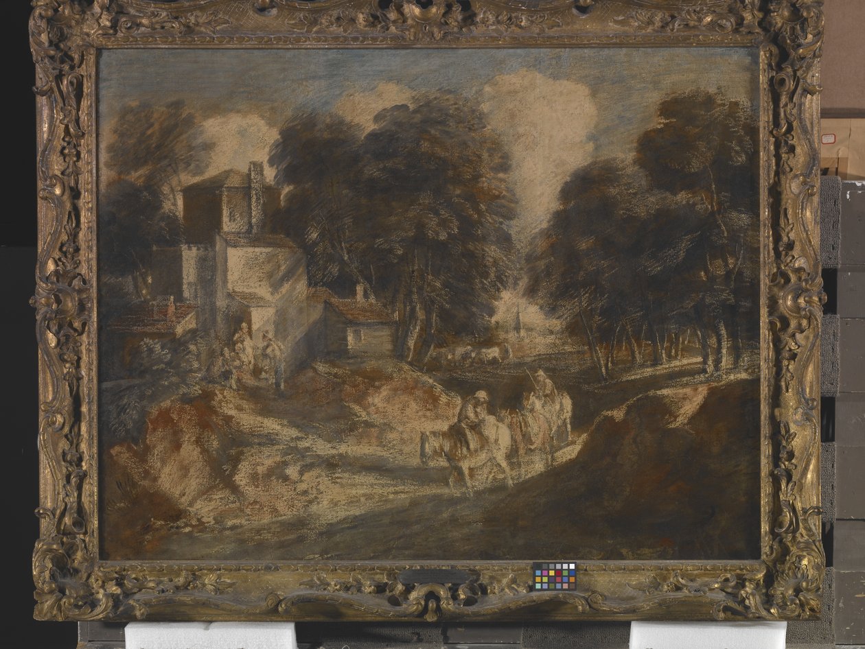 Skovklædt landskab med monterede bønder (blæk, blyhvidt og gouache på papir monteret på lærred) af Thomas Gainsborough