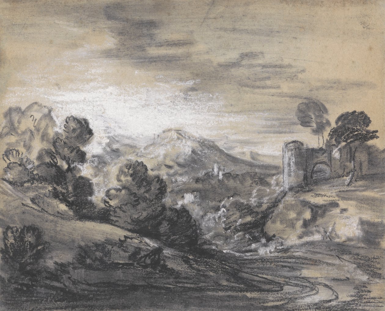 Skovklædt Landskab med Slot af Thomas Gainsborough