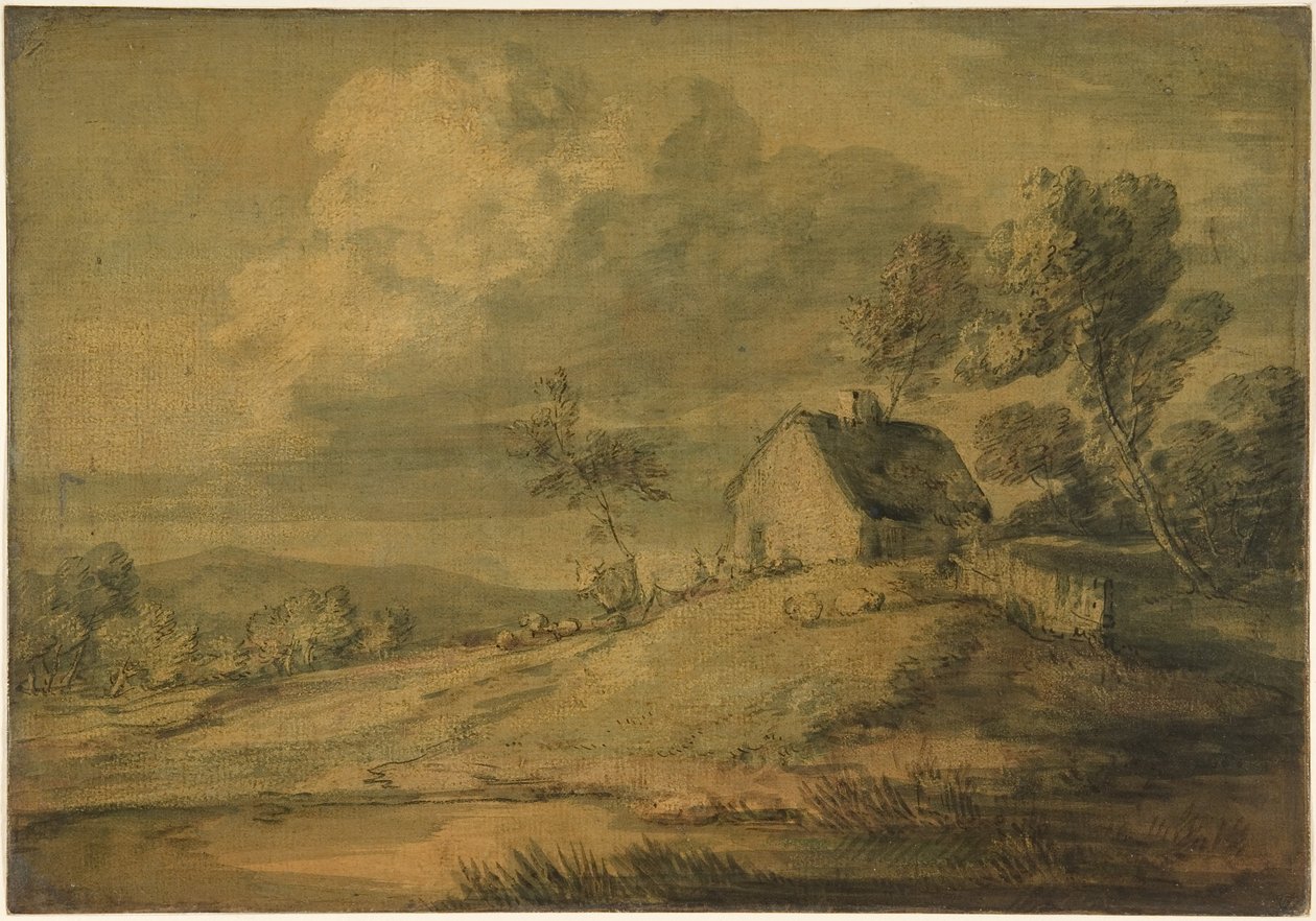 Skovklædt landskab med hytte, køer og får af Thomas Gainsborough