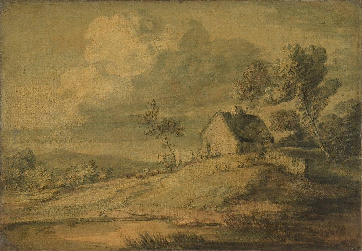 Skovklædt landskab med sommerhus, køer og får, ca. 1770. af Thomas Gainsborough
