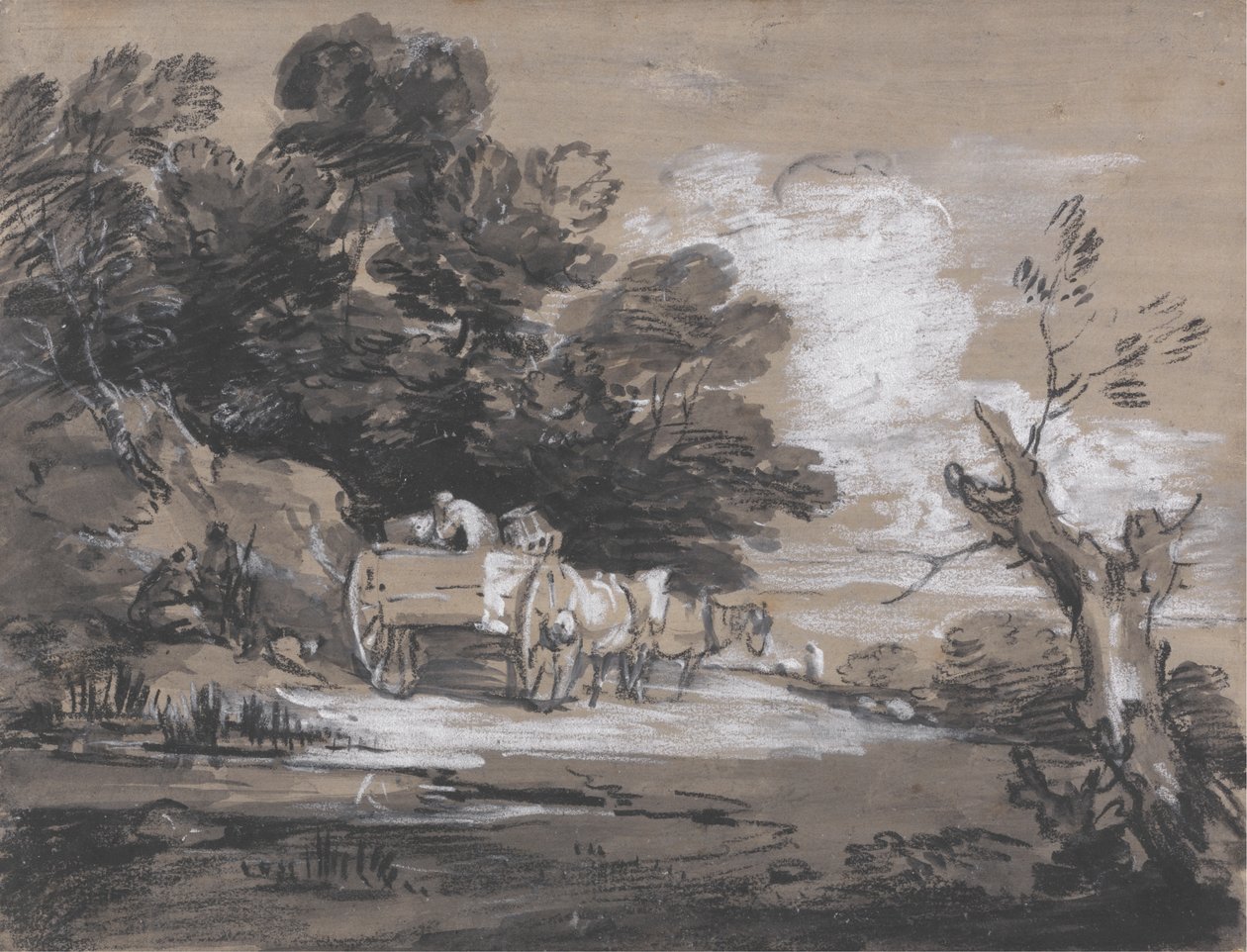 Skovklædt landskab med landvogn og figurer af Thomas Gainsborough