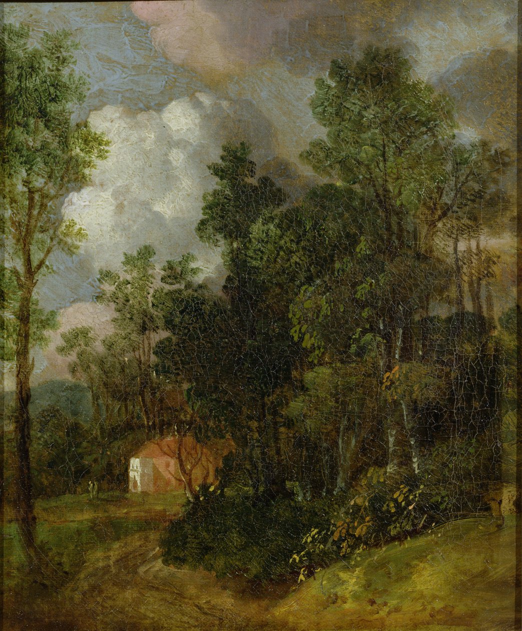 Skovklædt landskab med landsted og to figurer, ca. 1752 (olie på lærred lagt på lærred) af Thomas Gainsborough