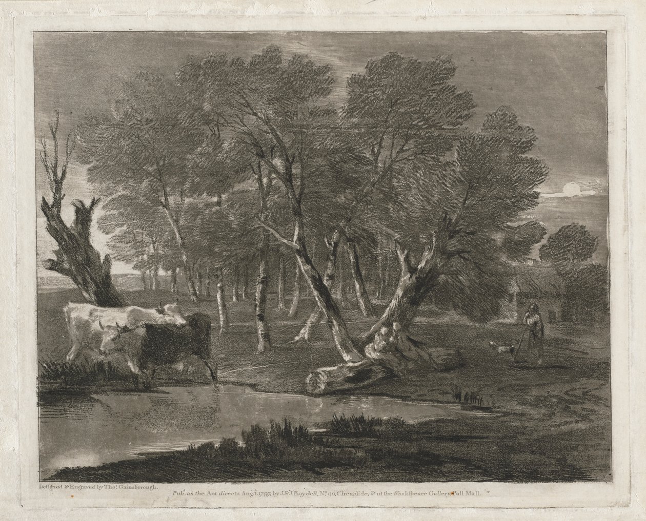 Skovklædt landskab med køer ved siden af en pool, figurer og hytte af Thomas Gainsborough