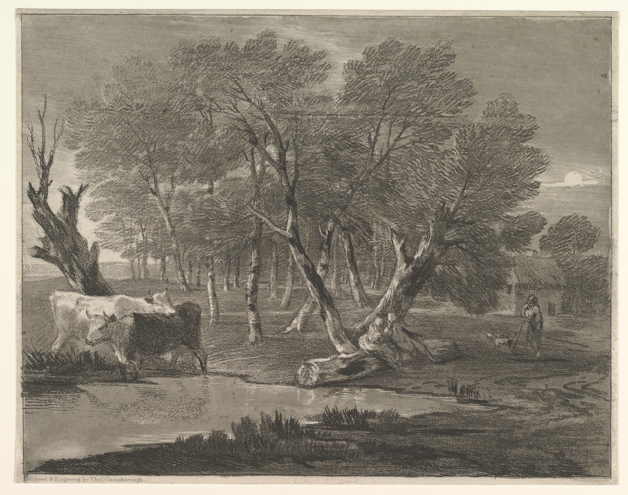 Skovklædt landskab med køer ved siden af en pool, figurer og sommerhus, 1775-80. af Thomas Gainsborough