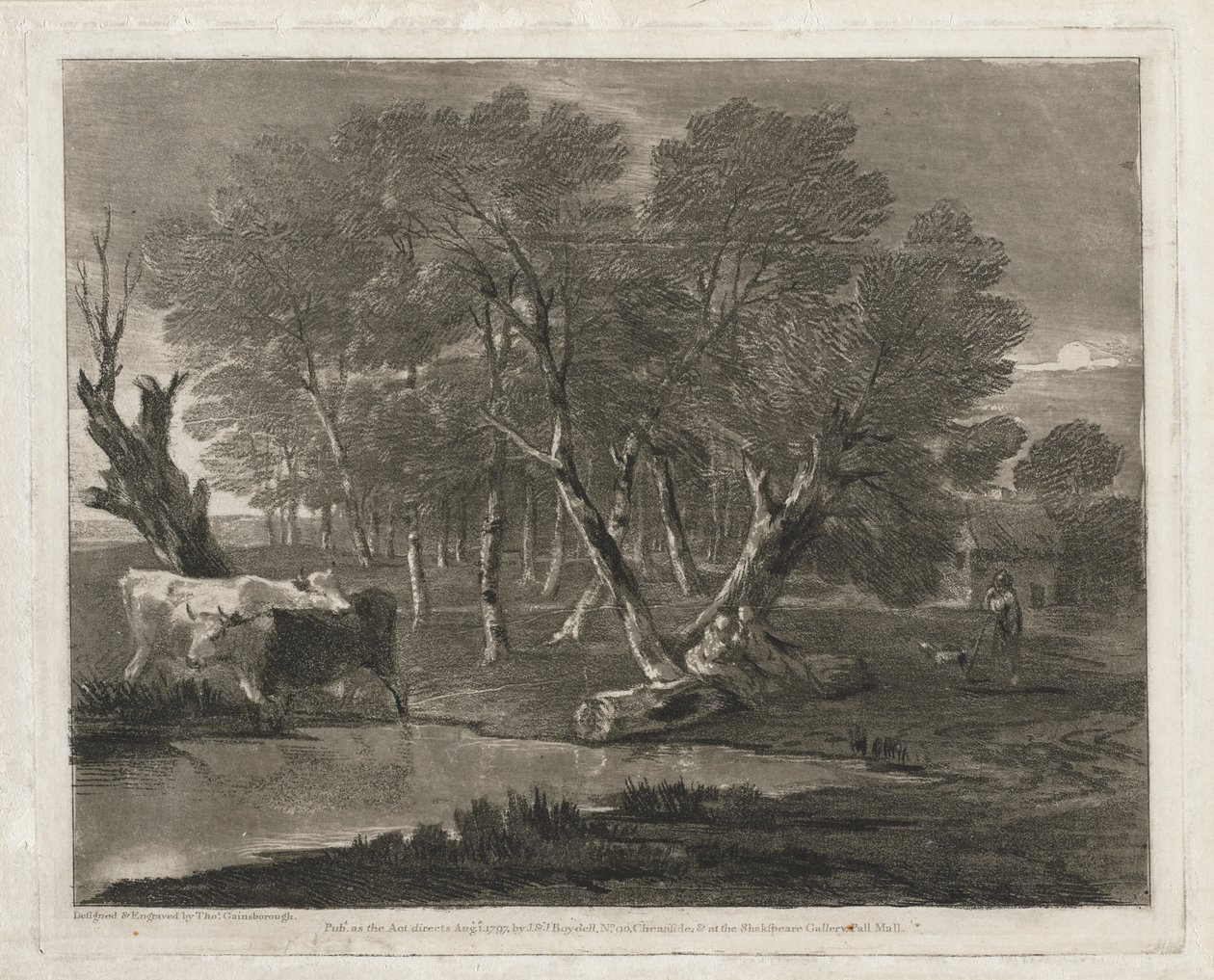 Skovklædt landskab med køer ved siden af en pool, figurer og hytte, udgivet i 1797. af Thomas Gainsborough