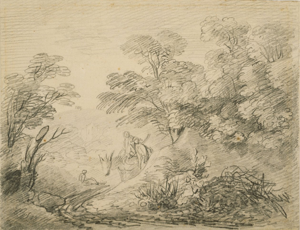 Skovklædt landskab med æsel og figurer, ca. 1759 (grafit på papir) af Thomas Gainsborough