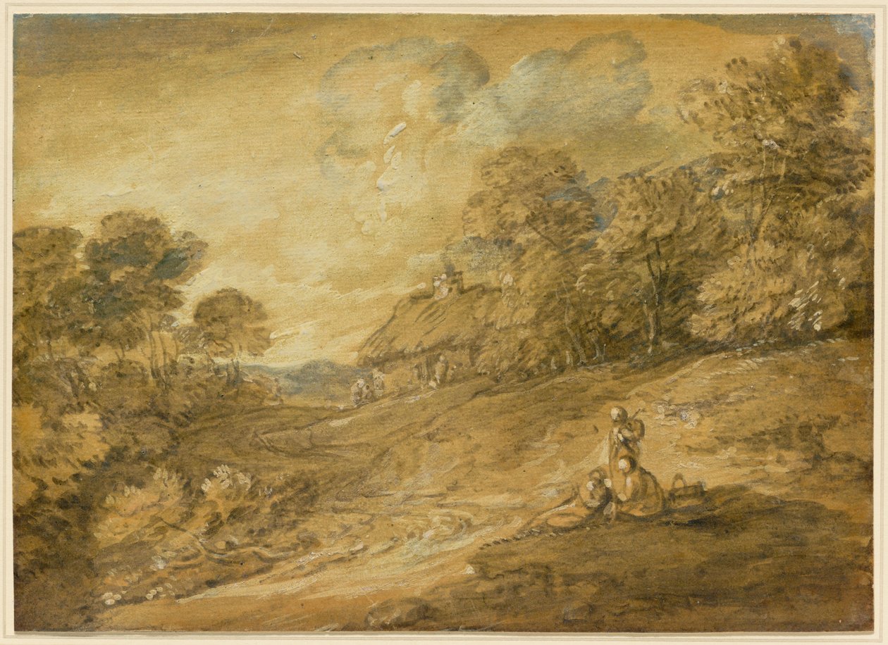 Waldlandschaft mit Figuren und gewundenem Pfad zu einem Cottage af Thomas Gainsborough