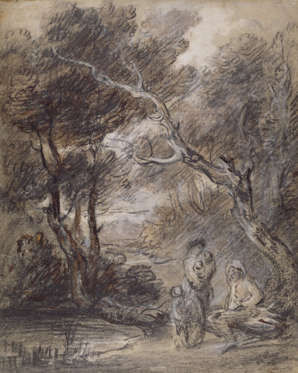 Skovlandskab med figurer, ca. 1788 (kridt, vask og gouache på papir) af Thomas Gainsborough