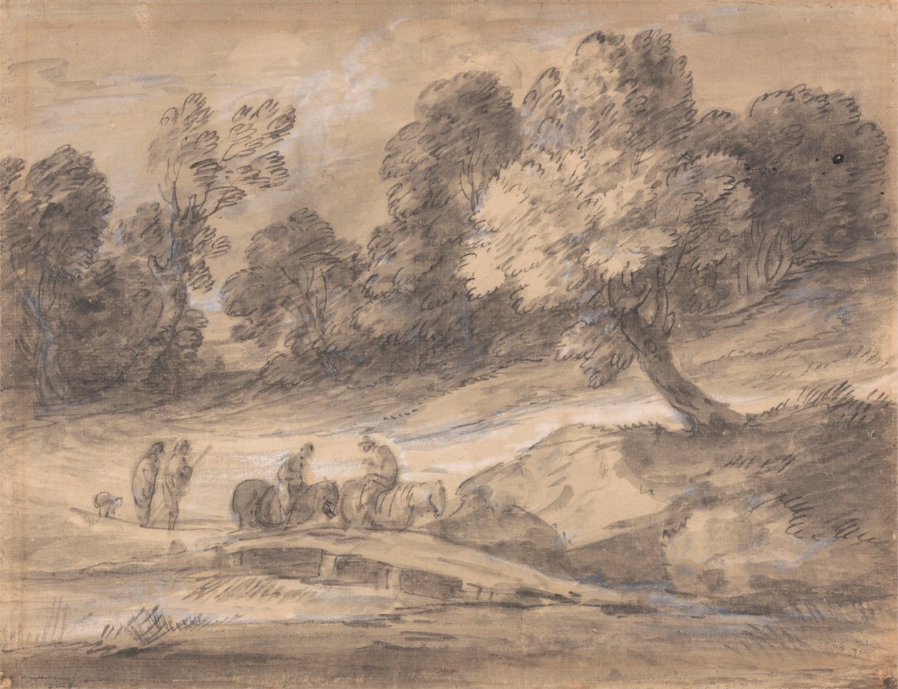 Skovklædt landskab med figurer på hesteryg, der krydser en bro af Thomas Gainsborough