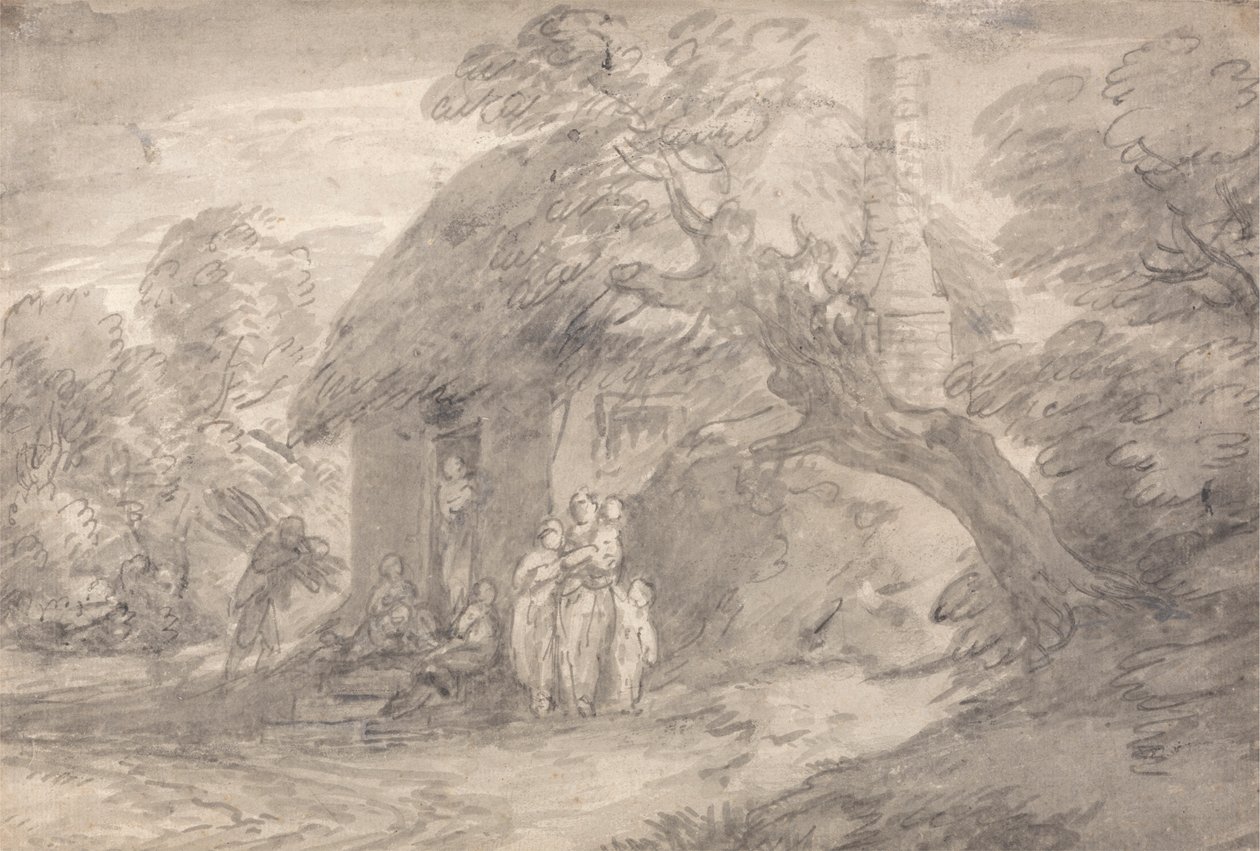 Skovklædt landskab med figurer uden for en hyttedør af Thomas Gainsborough