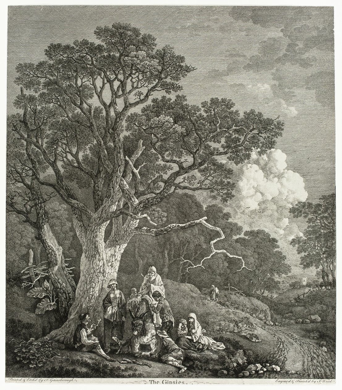 Skovklædt landskab med sigøjnere samlet rundt om et bål af Thomas Gainsborough