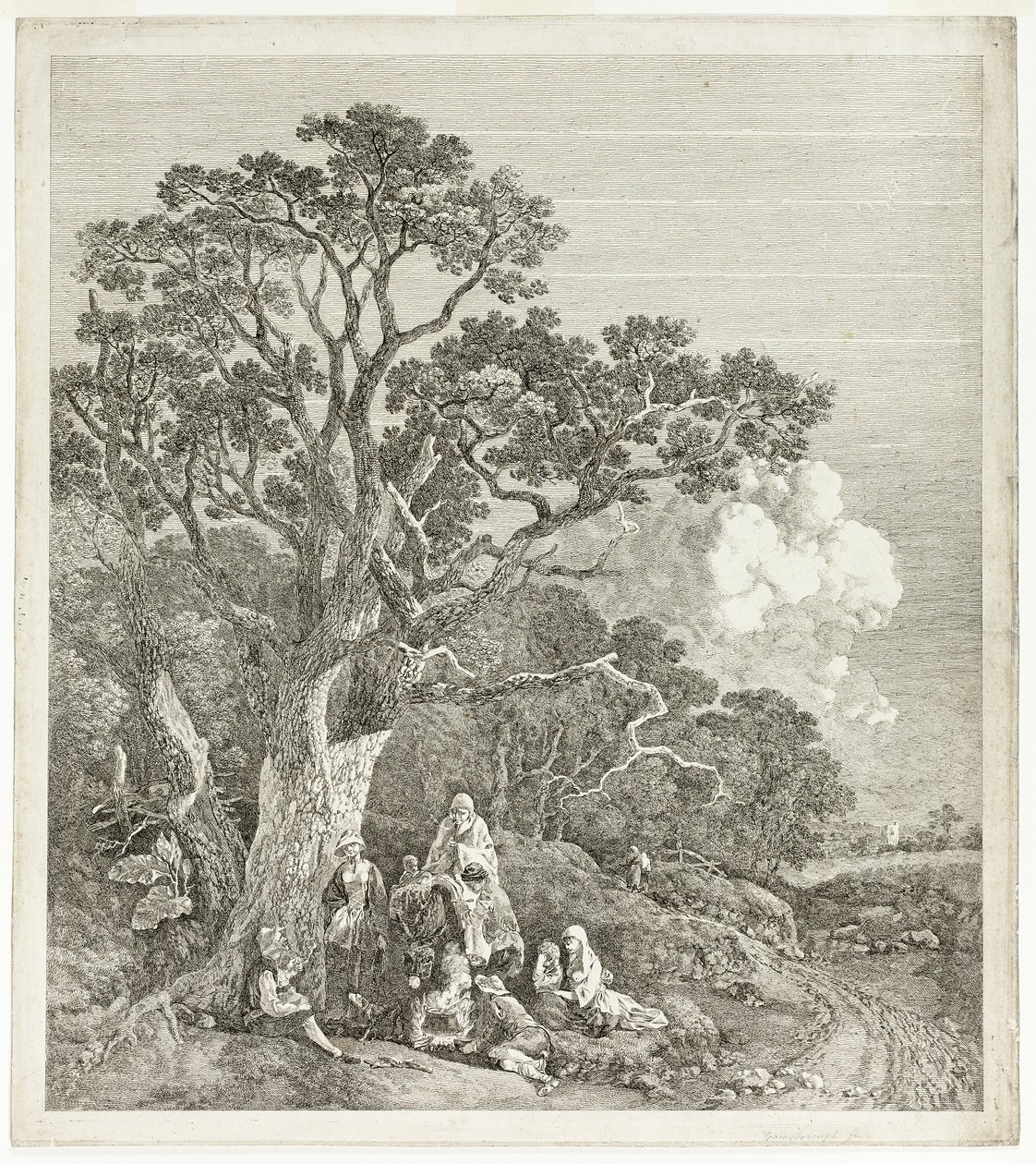 Skovklædt landskab med sigøjnere samlet rundt om et bål af Thomas Gainsborough