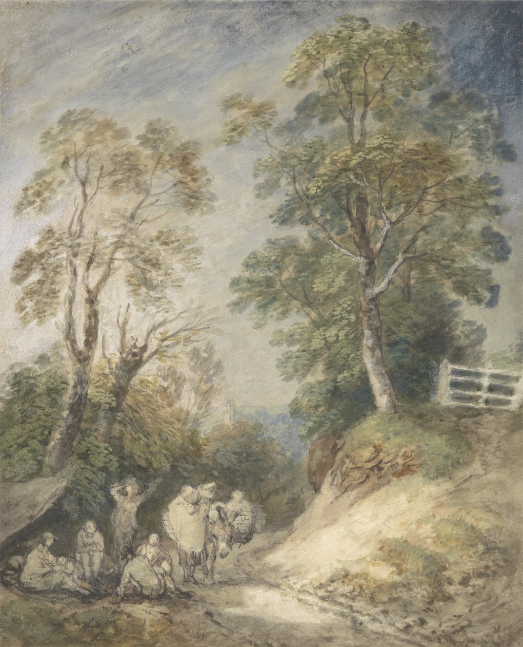 Skovklædt landskab med sigøjnerlejr, ca. 1760-65 (akvarel og gouache over blyant og kridt på papir) af Thomas Gainsborough