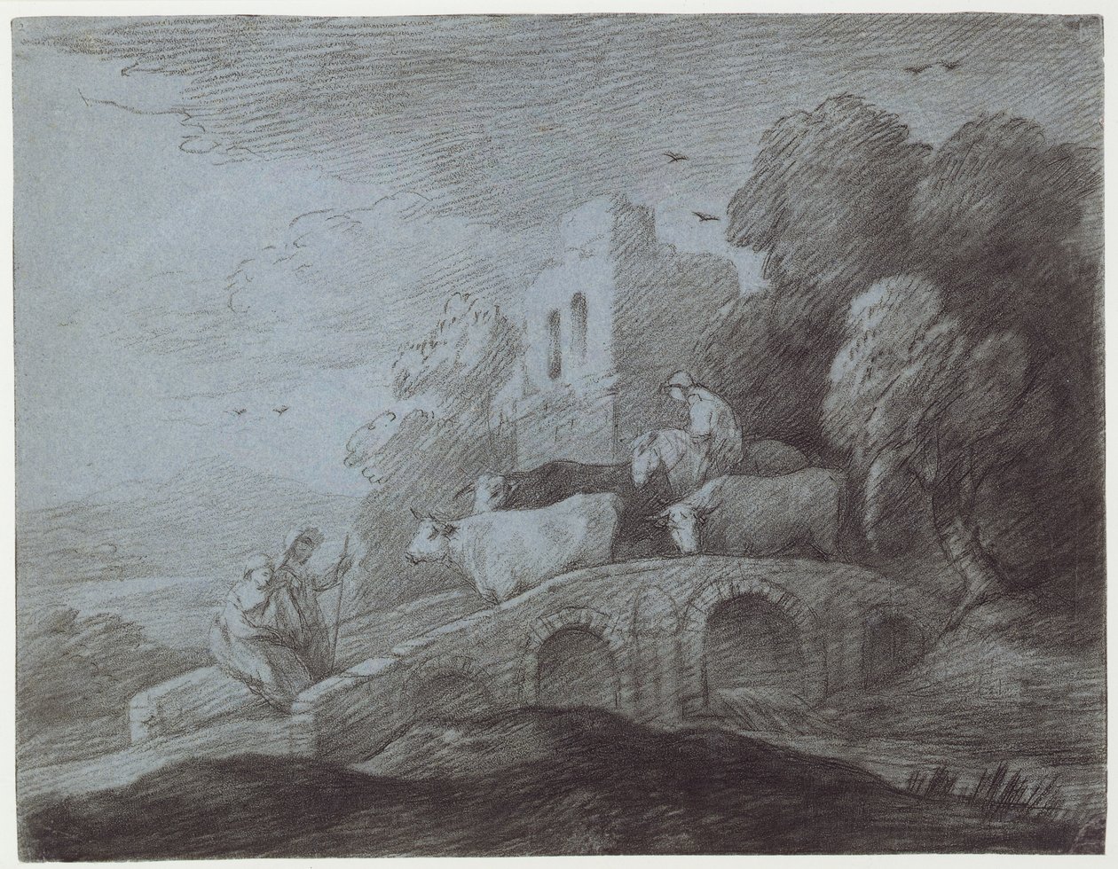 Skovklædt landskab med hyrde, der driver kvæg (ætsning på papir) af Thomas Gainsborough