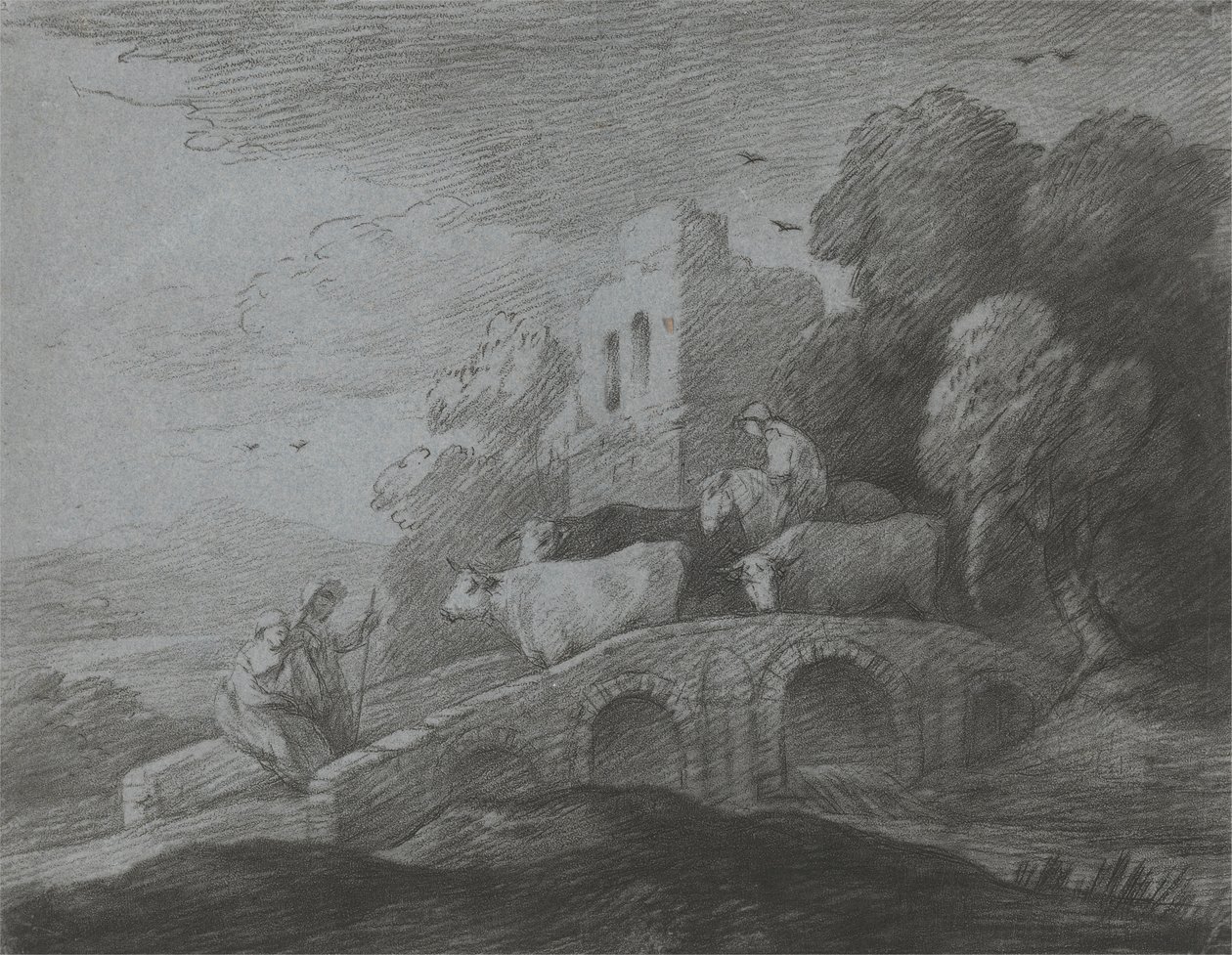 Skovklædt landskab med hyrde, der driver kvæg over en bro, rustikke elskere og ruineret slot af Thomas Gainsborough
