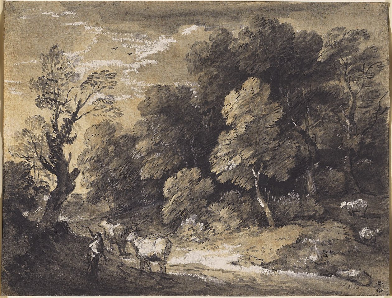 Skovklædt landskab med hyrde og kvæg, ca. 1775-80 (sort kridt & grå-sorte vaske, forhøjet med hvid gouache på lagt papir) af Thomas Gainsborough