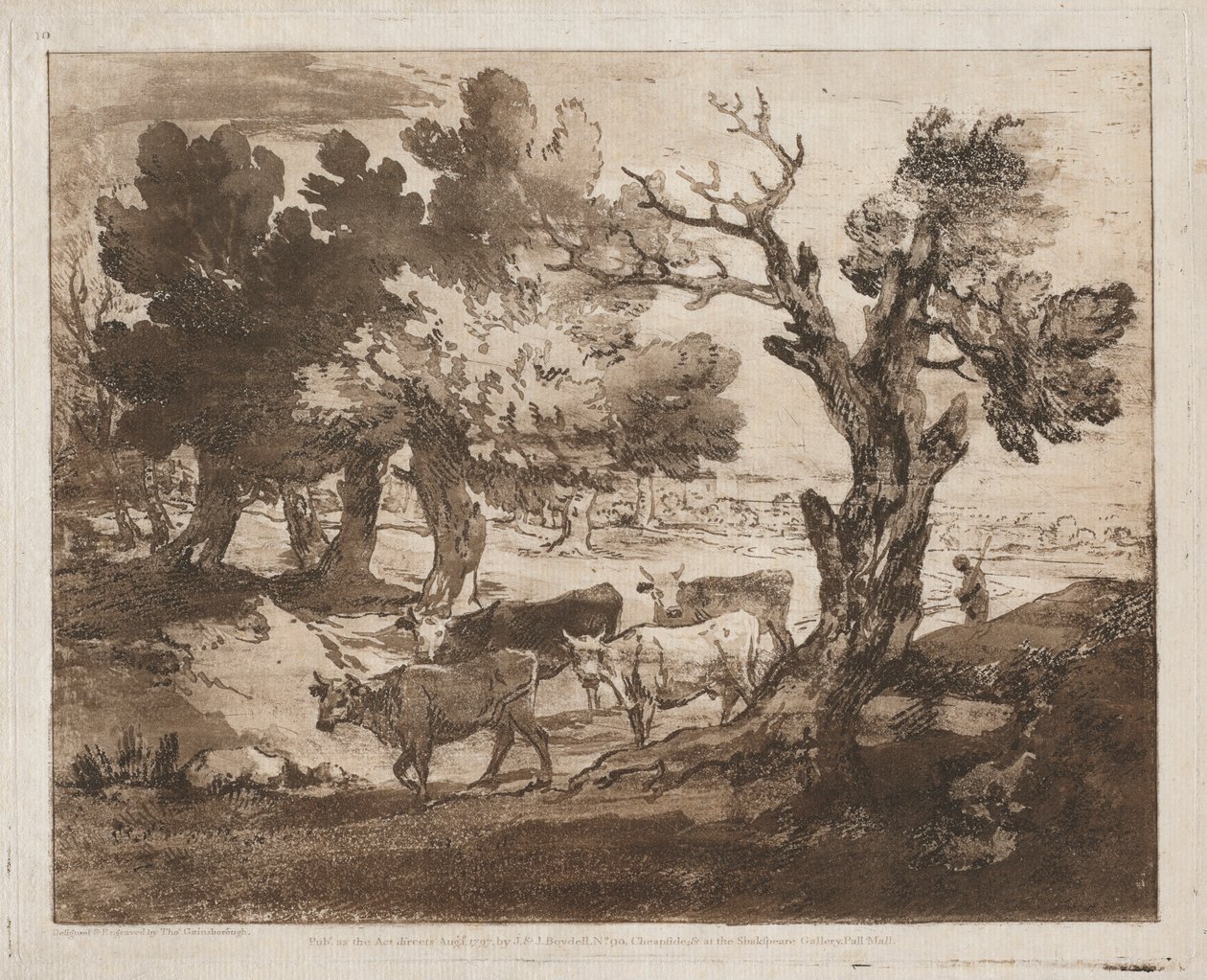 Skovklædt landskab med hyrde og køer af Thomas Gainsborough
