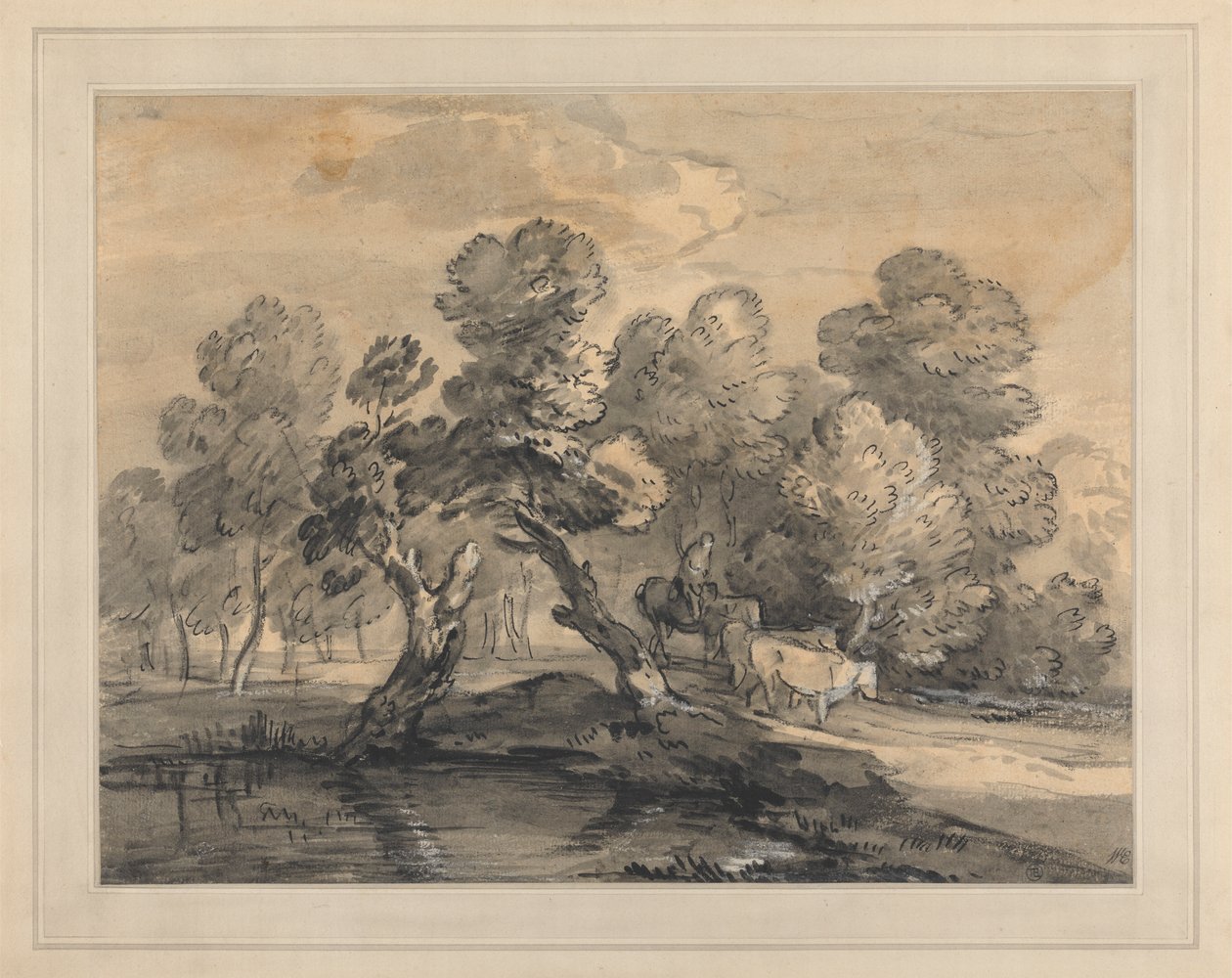 Skovklædt landskab med hyrde og køer af Thomas Gainsborough