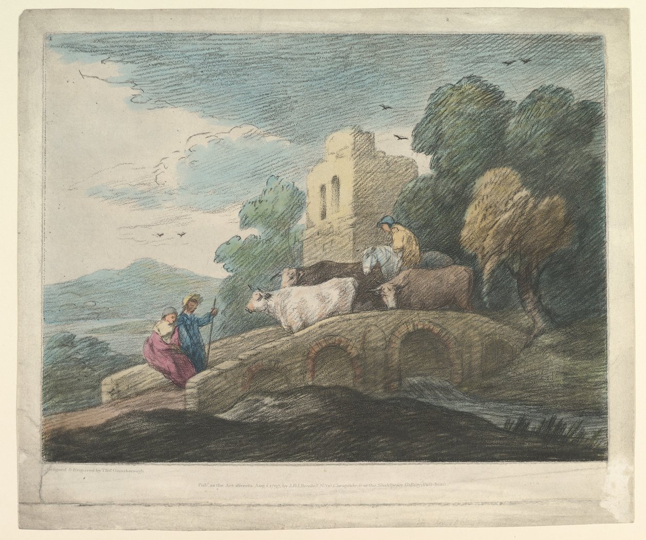 Skovklædt landskab med hyrder, der driver kvæg over en bro, rustikke elskere og ruineret slot, 1797. af Thomas Gainsborough