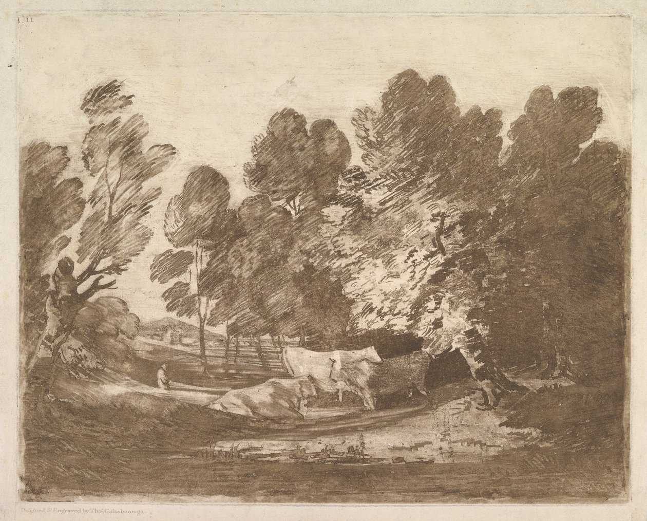 Skovklædt landskab med hyrder og køer, 1. august 1797. af Thomas Gainsborough