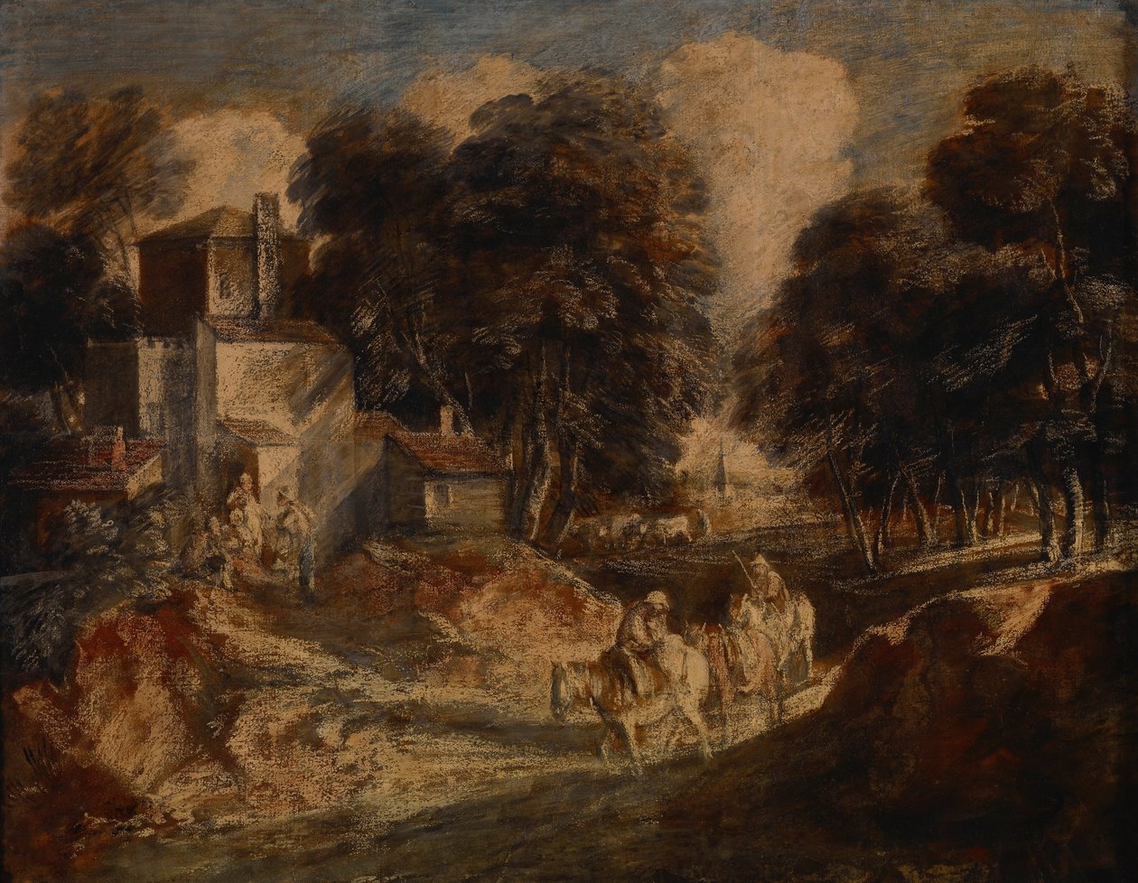 Skovklædt landskab med bønder til hest af Thomas Gainsborough