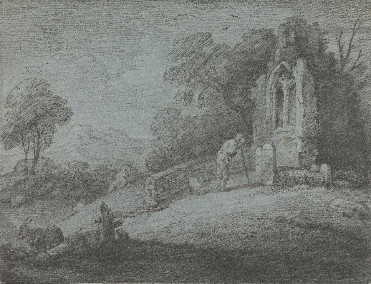 Skovklædt landskab med bondelæsende gravsten, rustikke elskere og ruineret kirke af Thomas Gainsborough