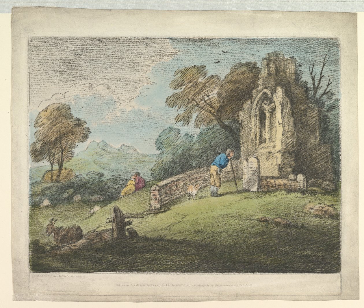 Skovklædt landskab med bondelæsende gravsten, rustikke elskere og ødelagt kirke, 1. august 1797. af Thomas Gainsborough