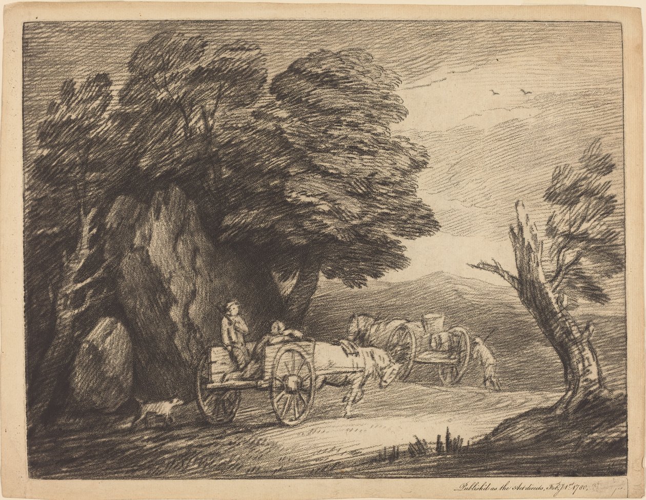 Skovklædt landskab med to landevogne og figurer af Thomas Gainsborough