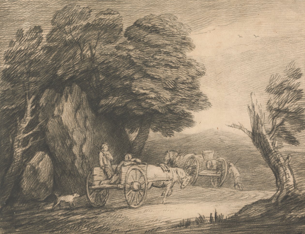 Skovklædt landskab med to landevogne og figurer af Thomas Gainsborough