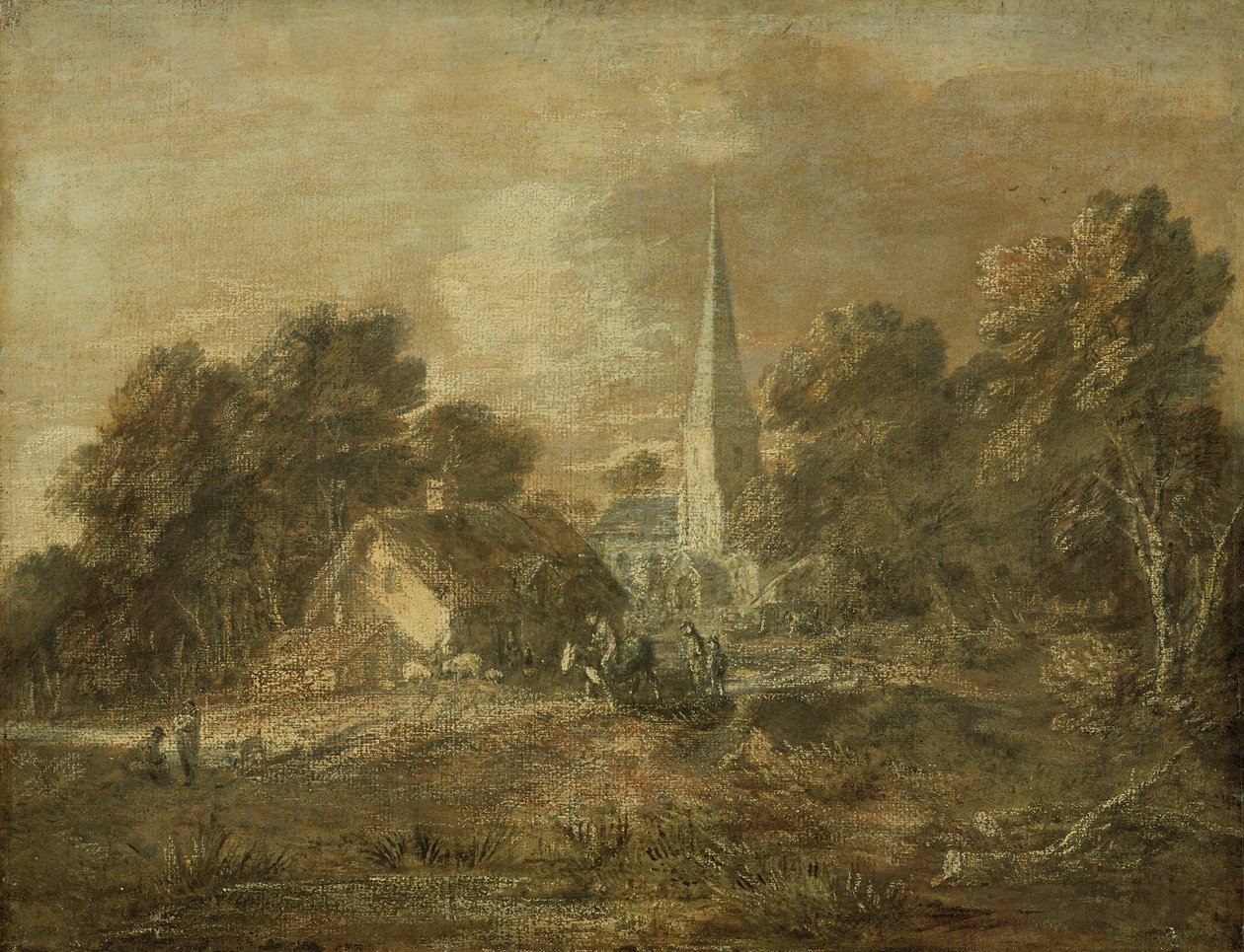 Skovklædt landskab med landsbyscene af Thomas Gainsborough