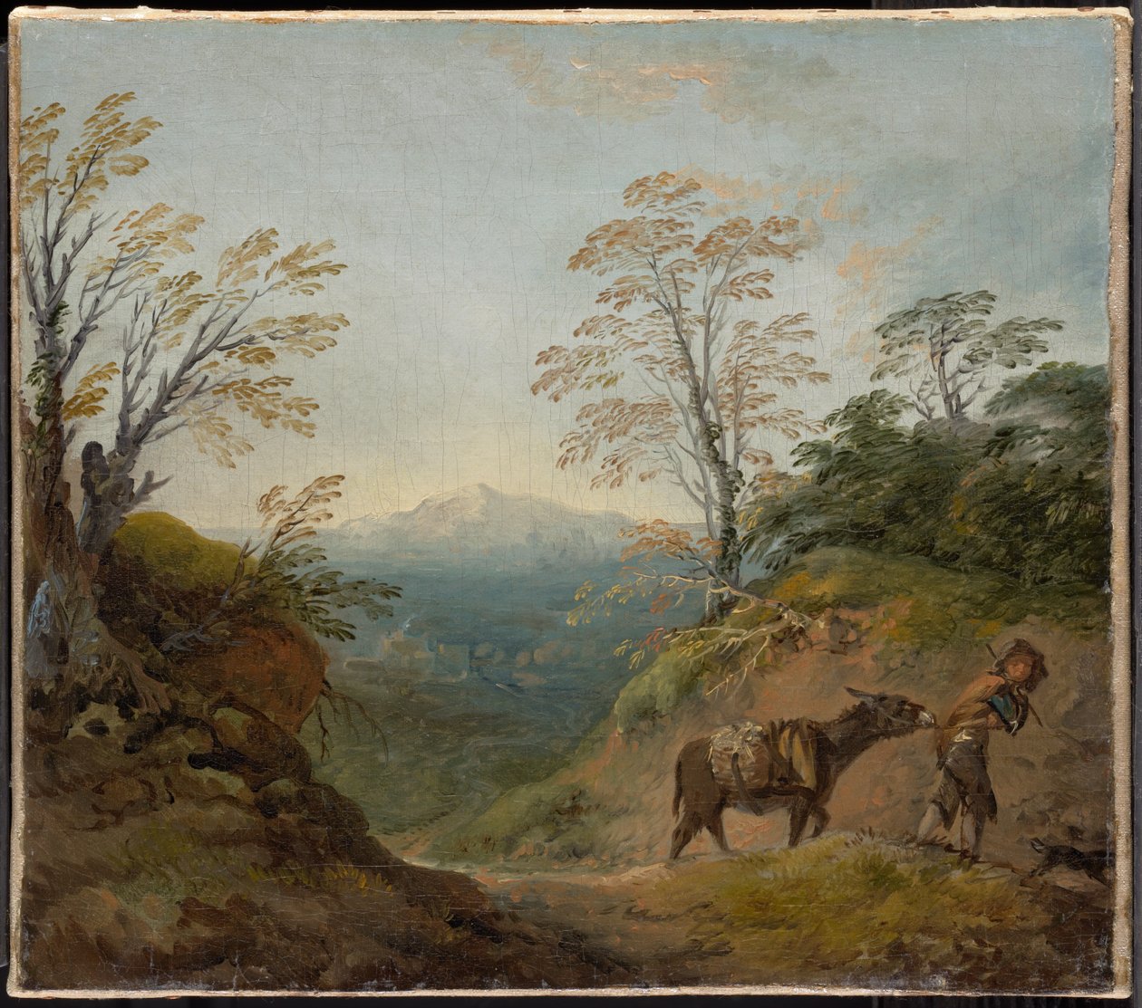 Skovlandskab med en dreng, der fører et æsel og en hund, og et vidstrakt panorama med bygninger og fjerne bakker af Thomas Gainsborough