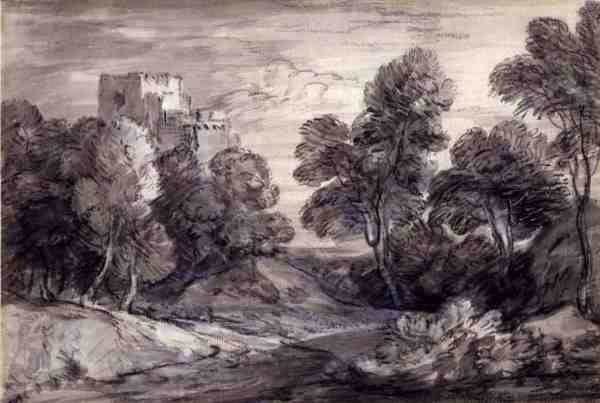 Skovklædt landskab med et slot (kridt og trækul på papir) af Thomas Gainsborough