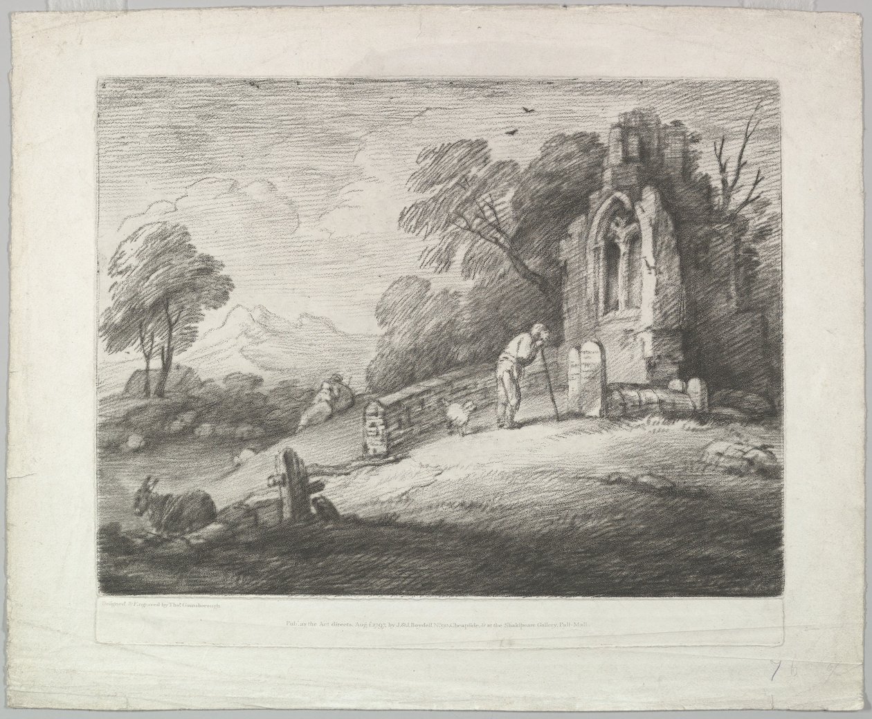Skovklædt landskab med en bonde, der læser en gravsten, rustikke elskere og en ruineret ..., 1. august 1797. af Thomas Gainsborough